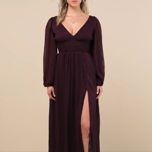 Enchant My Love Dark Purple V-Neck Long Sleeve Maxi Dress By Lulus Size L NWT